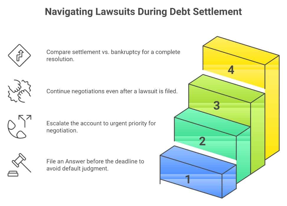 Four steps when sued while in a debt settlement program: respond to the lawsuit immediately, contact your settlement company today, negotiate even after lawsuit is filed, and evaluate whether to stay in settlement or file bankruptcy