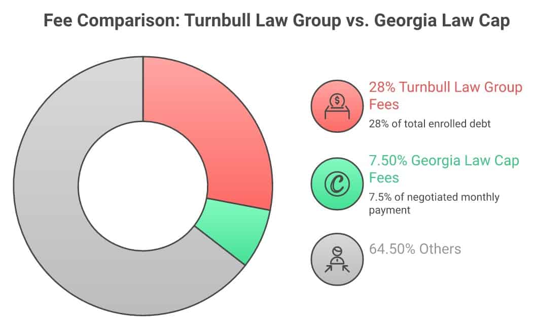 Fee comparison chart: Turnbull Law Group's 28% fee vs. Georgia Debt Adjustment Act's 7.5% cap