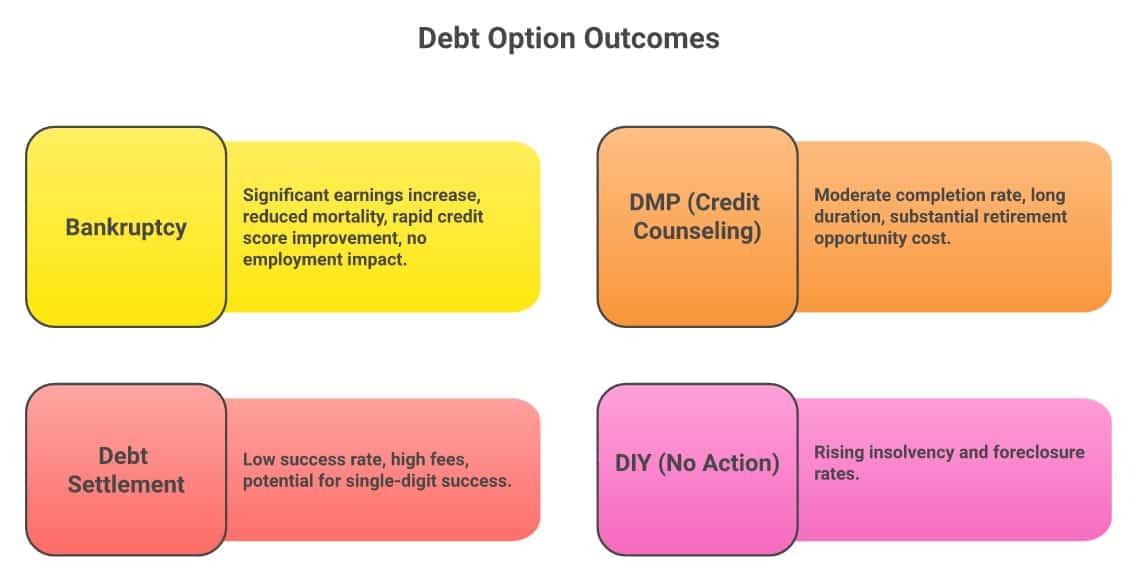 Visual overview of debt options including bankruptcy, DMP, debt settlement, and DIY solutions.