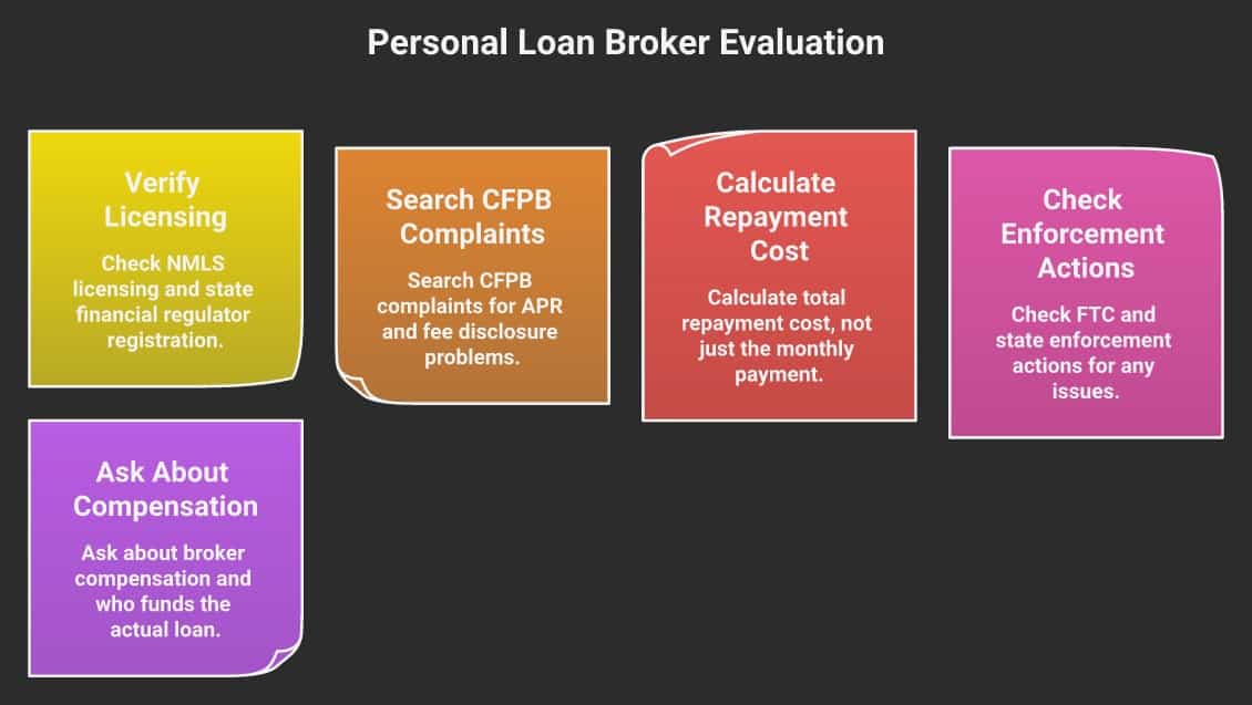 Personal loan broker evaluation process for debt relief and licensing checks.