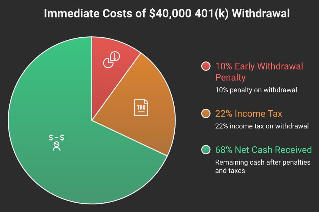 Pie chart showing costs of $40,000 401(k) withdrawal with taxes and penalties.