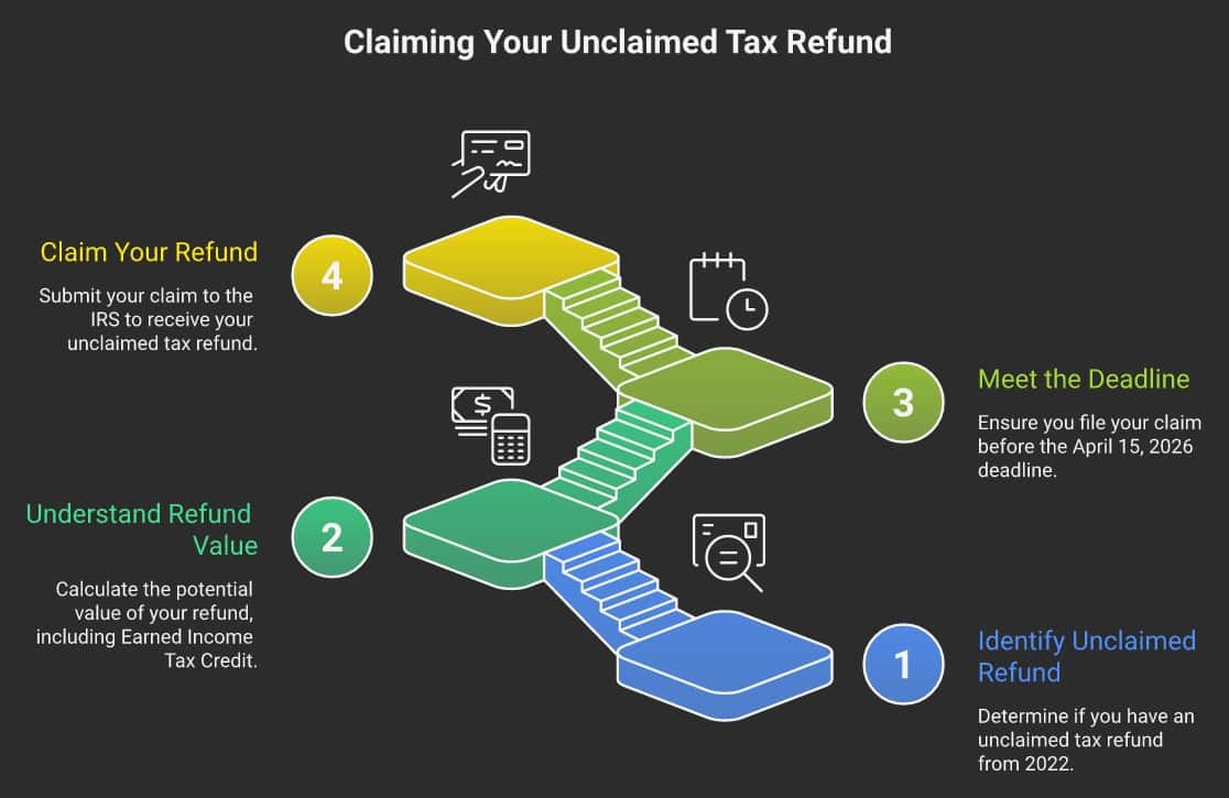 Infographic showing the key facts about IRS unclaimed 2022 refunds: $1.2 billion forfeited, $686 median refund, up to $6,935 EITC benefit lost, and the 3-year claim window