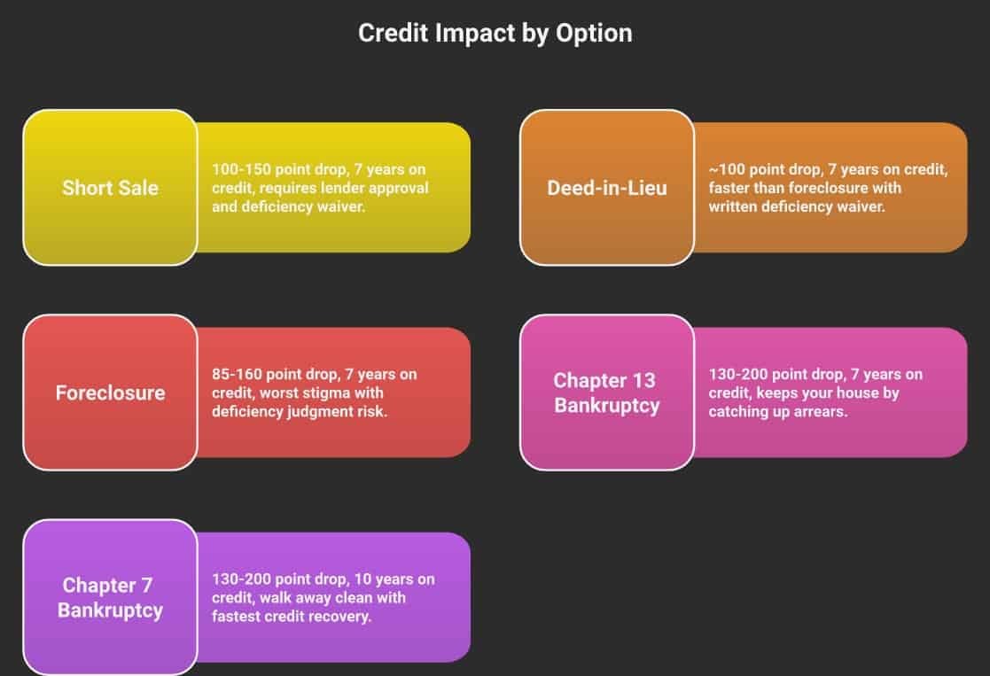 Comparison chart showing credit impact by exit option: short sale, deed-in-lieu, foreclosure, Chapter 13 and Chapter 7 bankruptcy