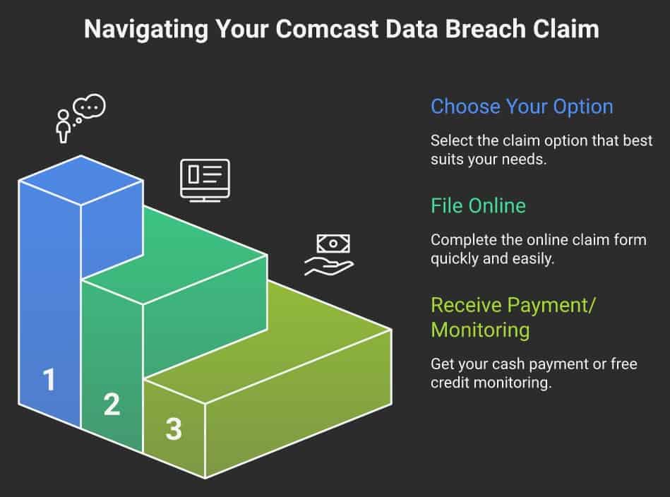 Infographic showing three steps to navigate your Comcast data breach claim: choose your option, file online, and receive payment or credit monitoring