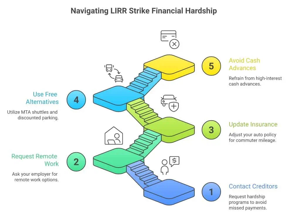 5-step financial hardship playbook for LIRR commuters: contact creditors, request remote work, update insurance, use free alternatives, avoid cash advances