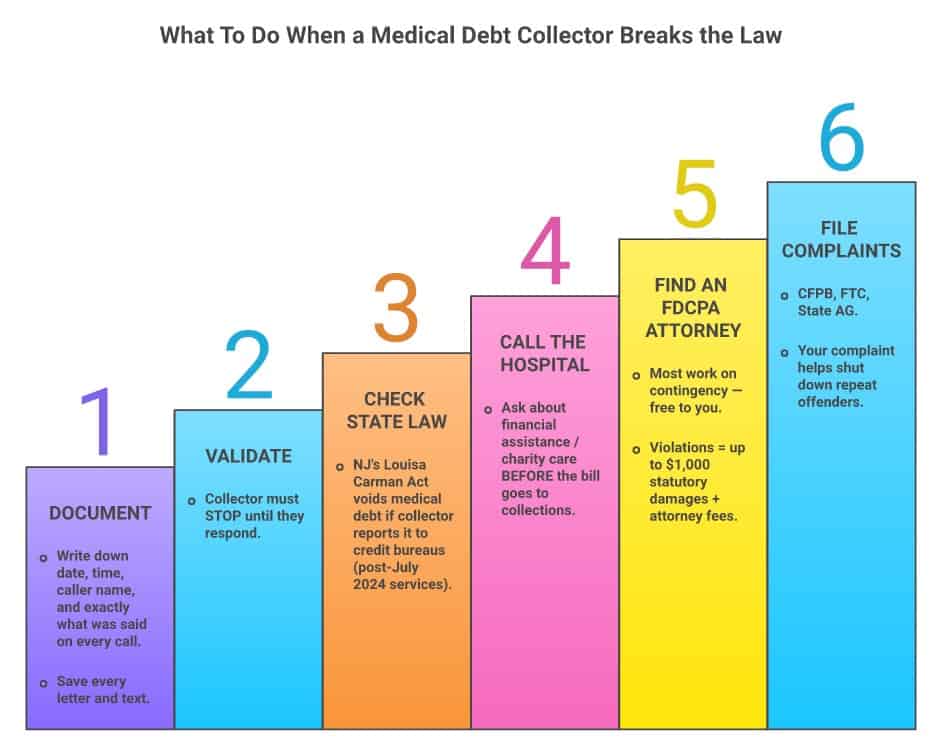 6-step action plan for fighting illegal medical debt collection: document calls, validate the debt, check state law, call the hospital, find an FDCPA attorney, file complaints