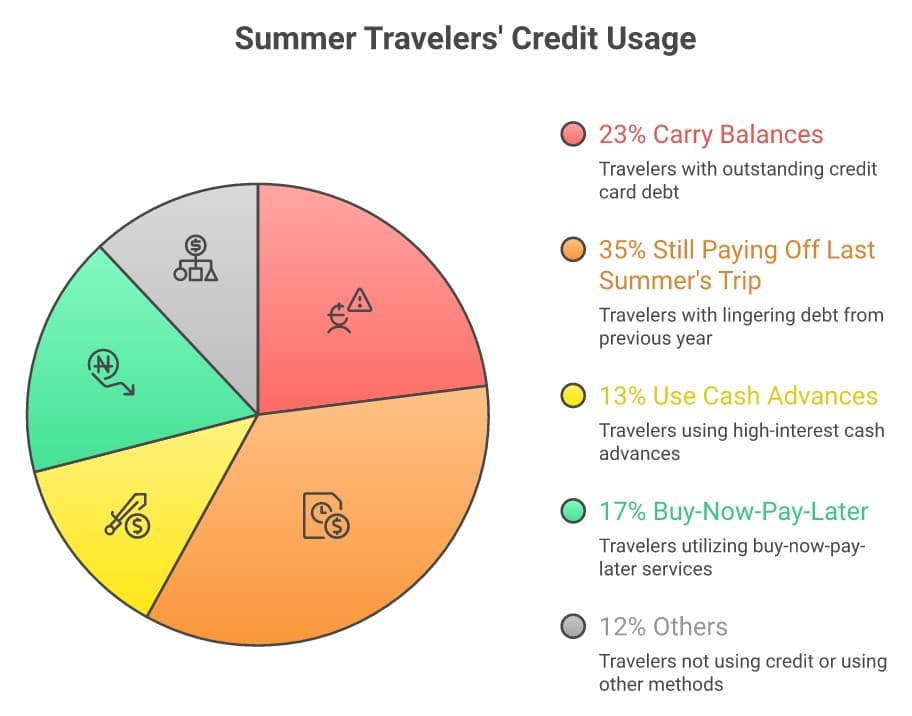 Pie chart showing summer travelers credit card usage: 23% carry balances, 35% still paying off last summer, 13% use cash advances, 17% use buy-now-pay-later