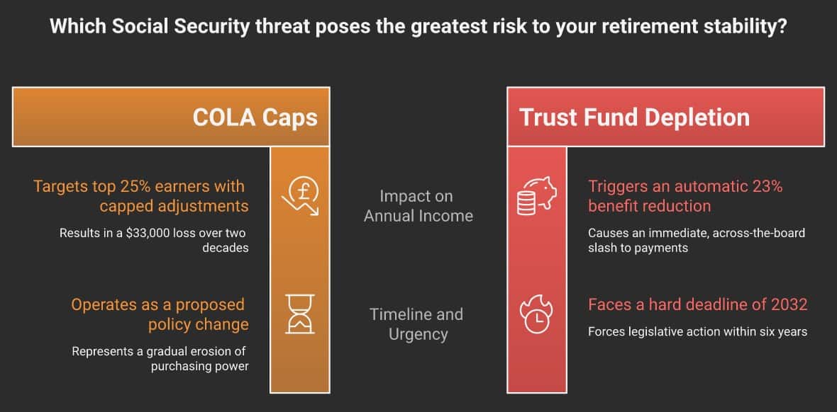Social Security two-direction squeeze: COLA caps target top 25% earners with $33,000 loss over 20 years, trust fund depletion triggers automatic 23% benefit cut by 2032
