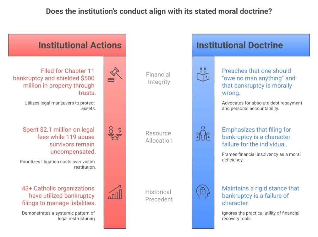 Comparison: What the Church does (files bankruptcy, shields $500M, spends $2.1M on lawyers) versus what the Church tells you (owe no man anything, bankruptcy is morally wrong)