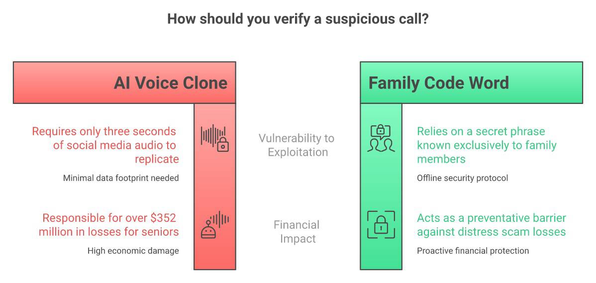 Infographic comparing AI voice clone threat (requires 3 seconds of audio, $352M in senior losses) versus family code word defense (secret phrase, preventative barrier against distress scam losses)