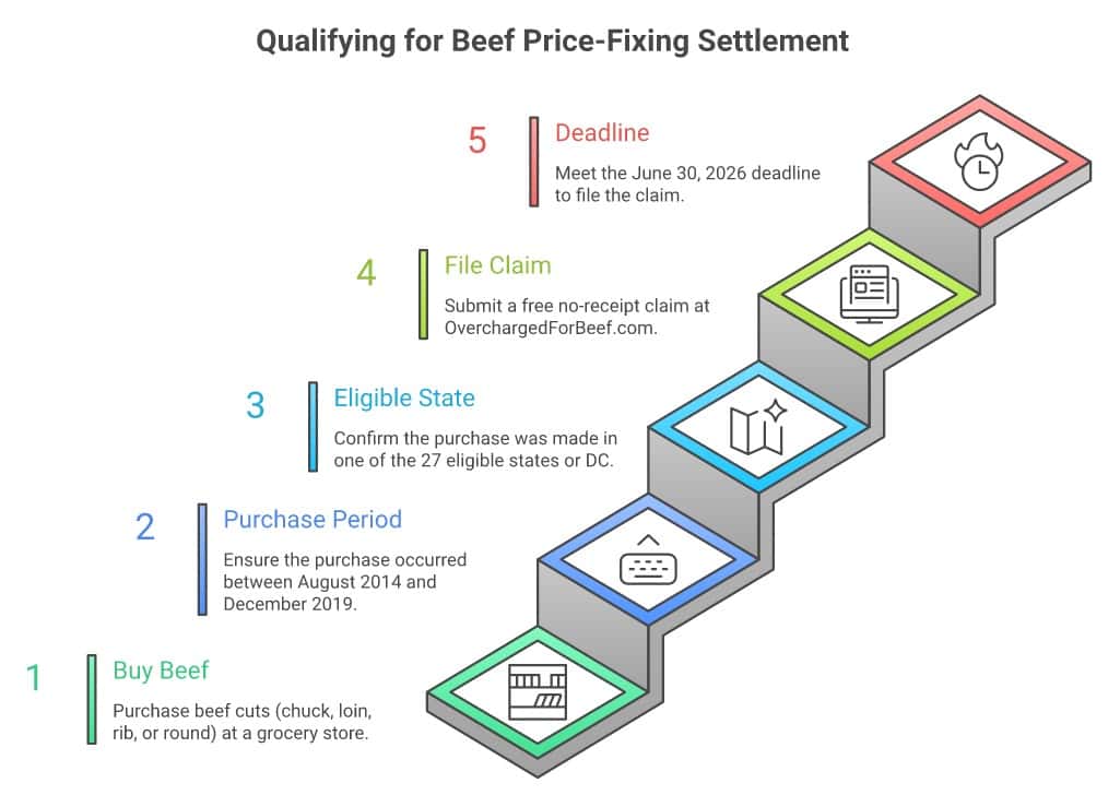 Step-by-step process for qualifying for beef price-fixing settlement.