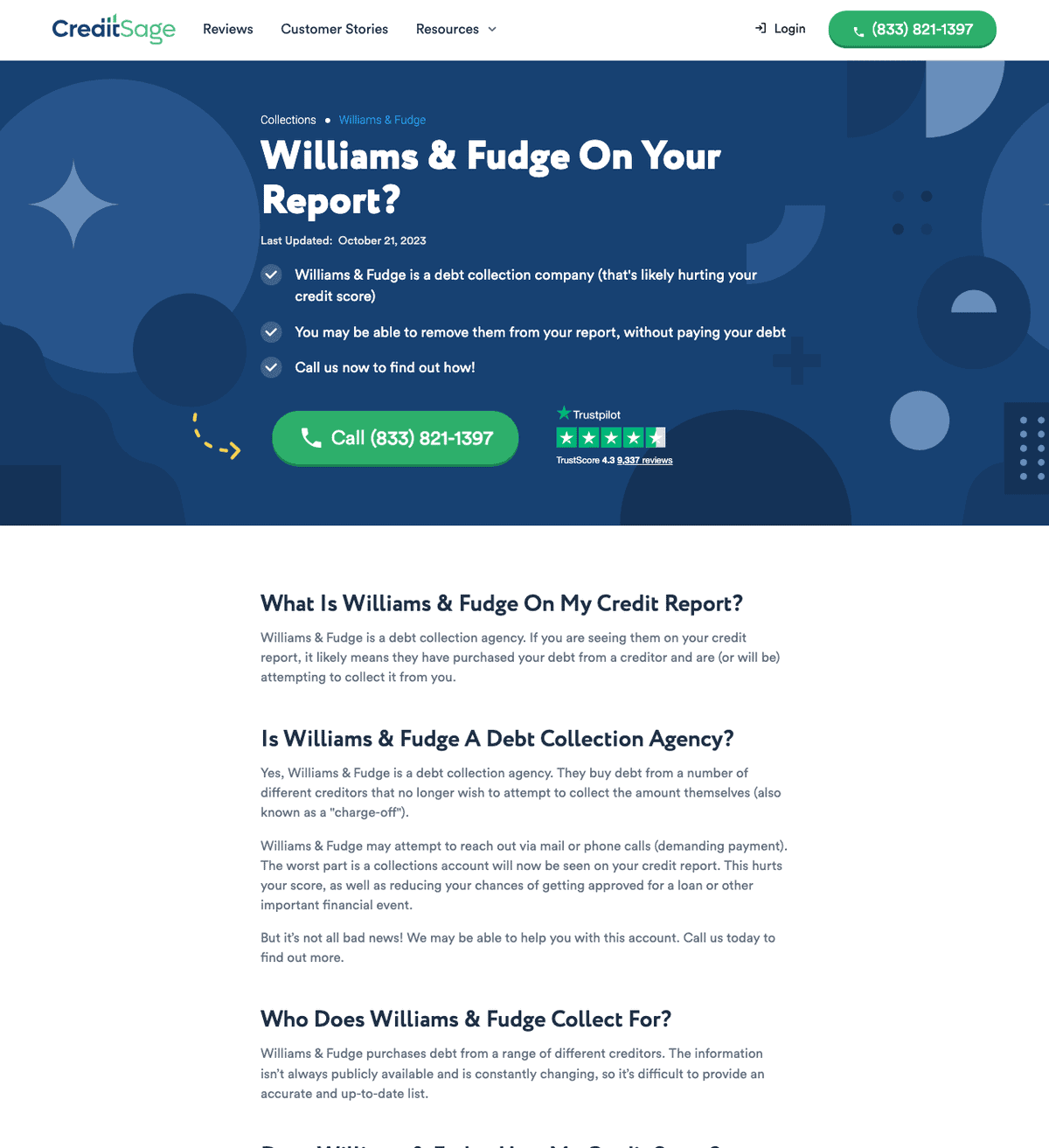 Williams & fudge credit report assistance | get out of debt guy - steve rhode Credit sage page titled williams and fudge on your report, captured june 25 2026, showing the credit sage logo and a call now phone number.