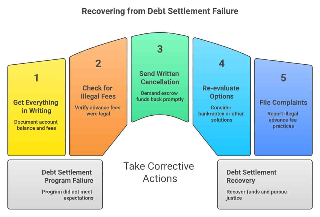 5 steps to take when your debt settlement program fails: document everything, check for illegal advance fees, cancel and demand escrow back, re-evaluate options including bankruptcy, file FTC and CFPB complaints