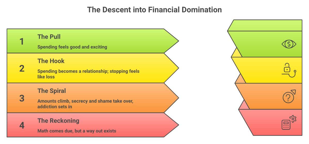The four stages of financial domination: 1 The Pull, 2 The Hook, 3 The Spiral, 4 The Reckoning — shown as a green-to-red descent.
