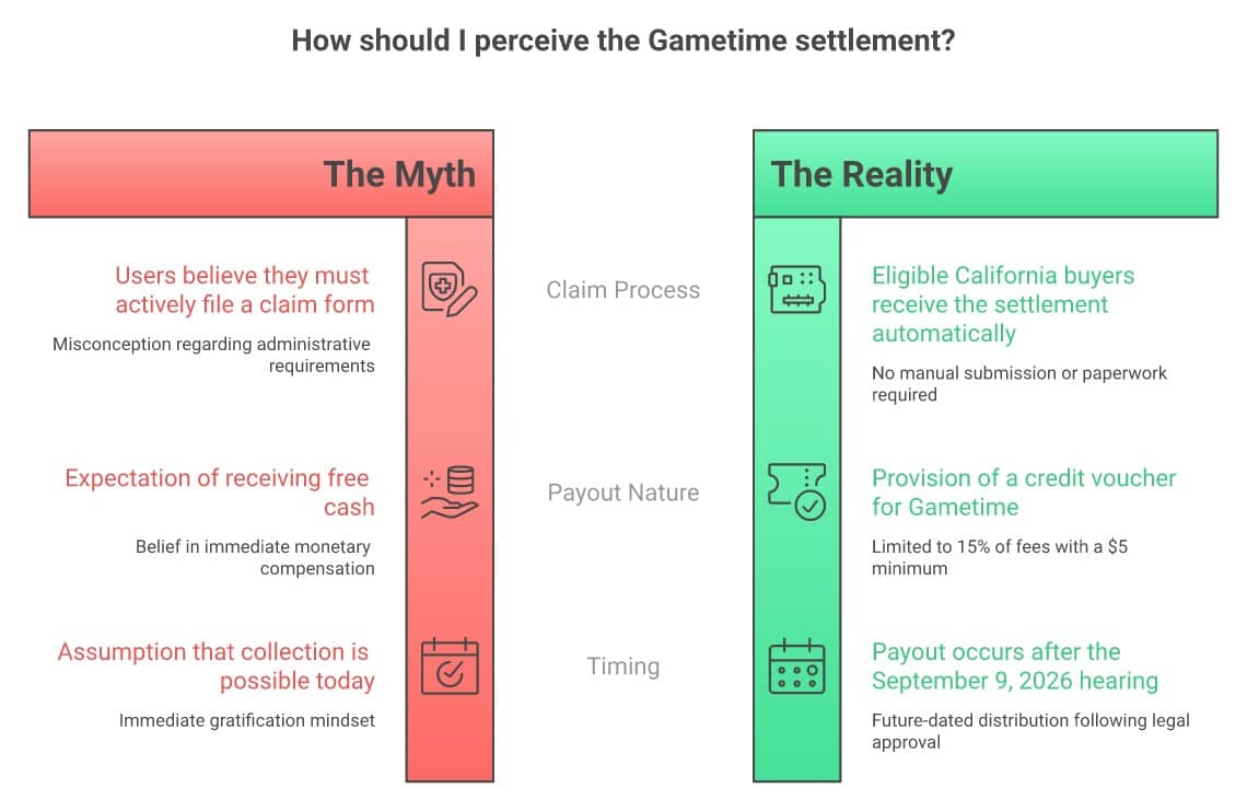Comparison chart of the Gametime settlement myths versus reality: voucher not cash, no claim form needed, pays out after Sept 9 2026, and a scam warning