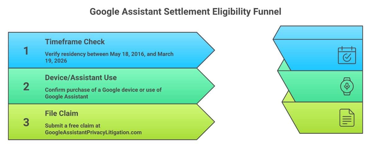 Image of "Google Assistant Settlement Eligibility Funnel" with steps for verification, device use, a.