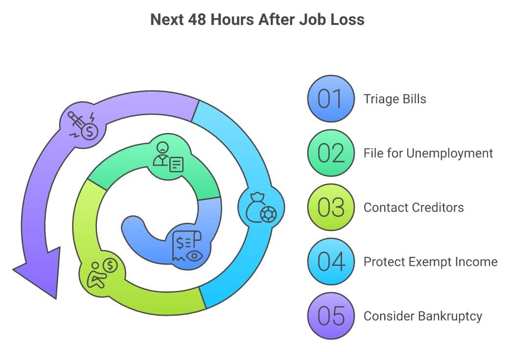 Five steps after job loss: triage survival bills, file for unemployment, ask creditors for hardship help, protect exempt income, consider bankruptcy early - infographic