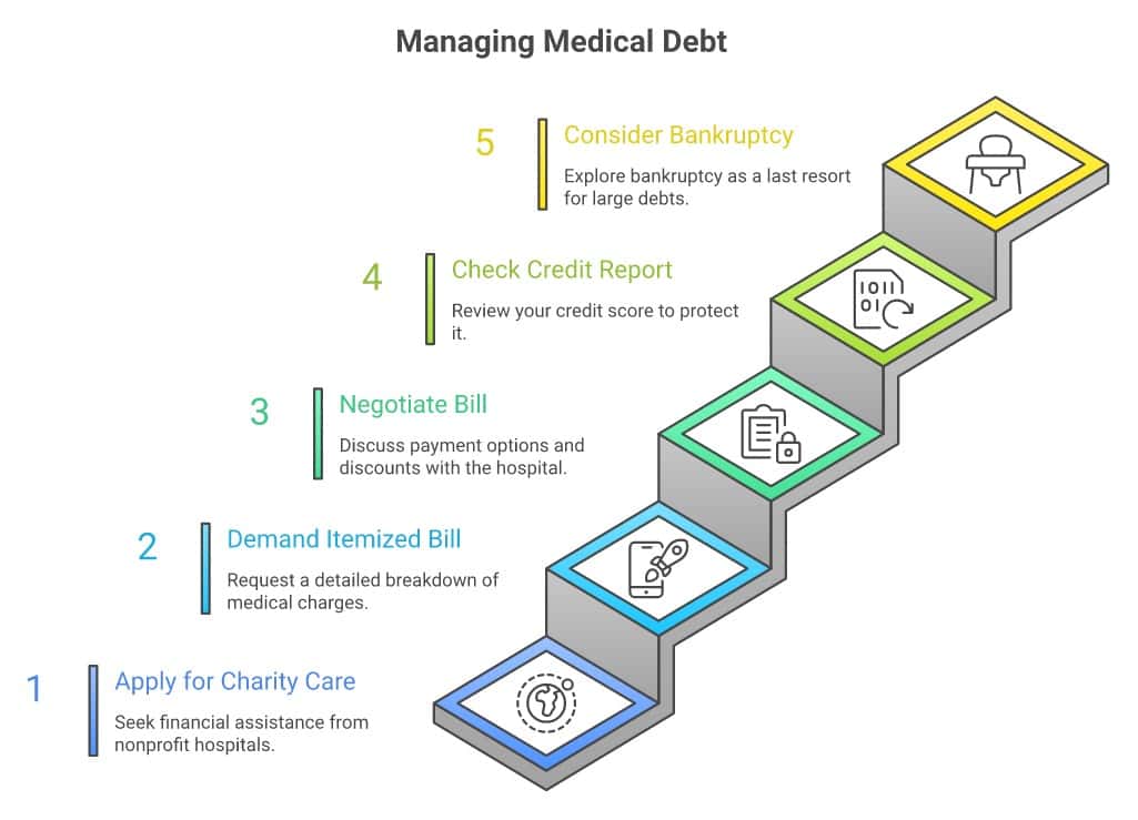 Five steps for medical debt: apply for charity care, demand itemized bill, negotiate, check credit report, consider bankruptcy.