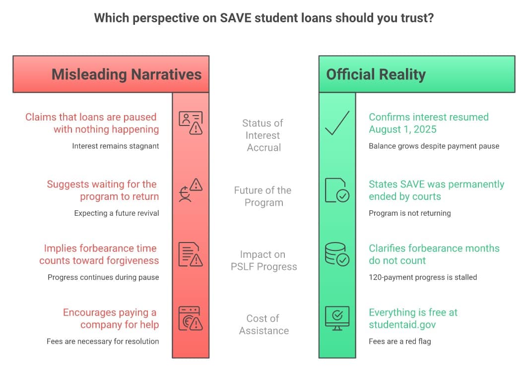SAVE plan myth vs truth: payments paused but interest resumed August 1 2025 - infographic