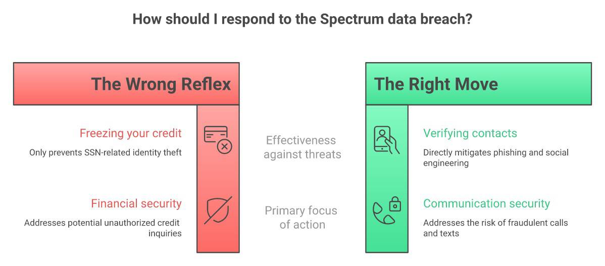 The wrong reflex (freezing credit) vs. the right move (verifying contacts) after the Spectrum data breach - infographic