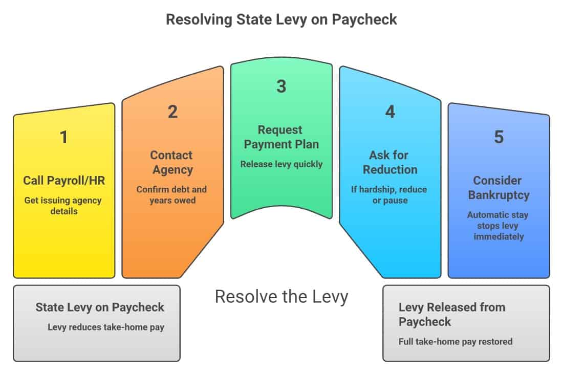 Five steps when a state levy hits your paycheck: call payroll, contact the agency, ask for a payment plan, request hardship relief, consider bankruptcy - infographic