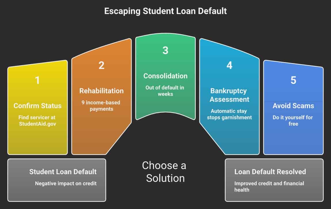 How to get out of student loan default: confirm status at StudentAid.gov, rehabilitation (9 income-based payments), consolidation (out in weeks), bankruptcy assessment, avoid scams - infographic