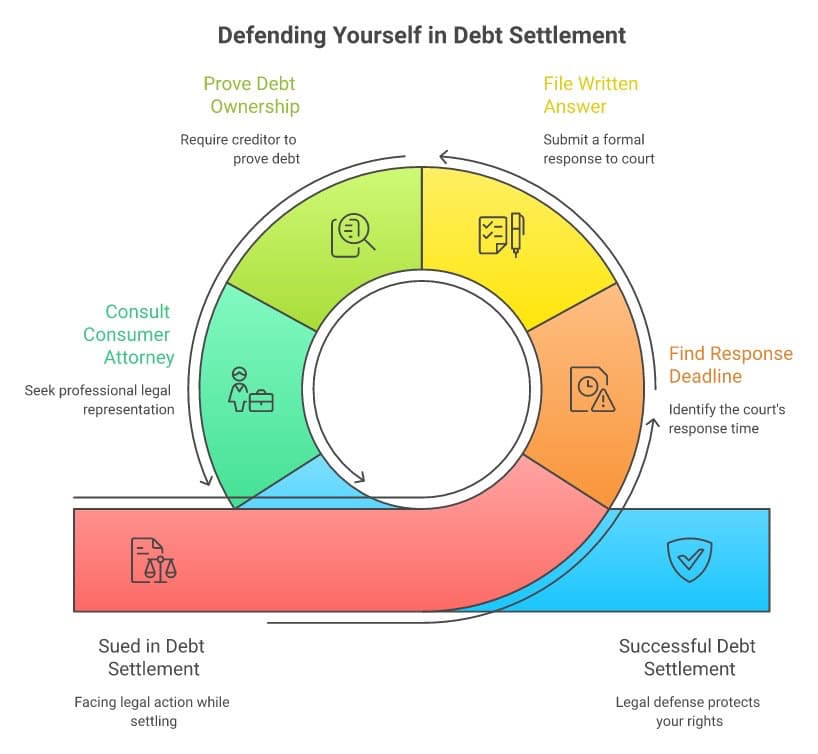 Debt settlement process flowchart for resolving debt issues and legal defense.