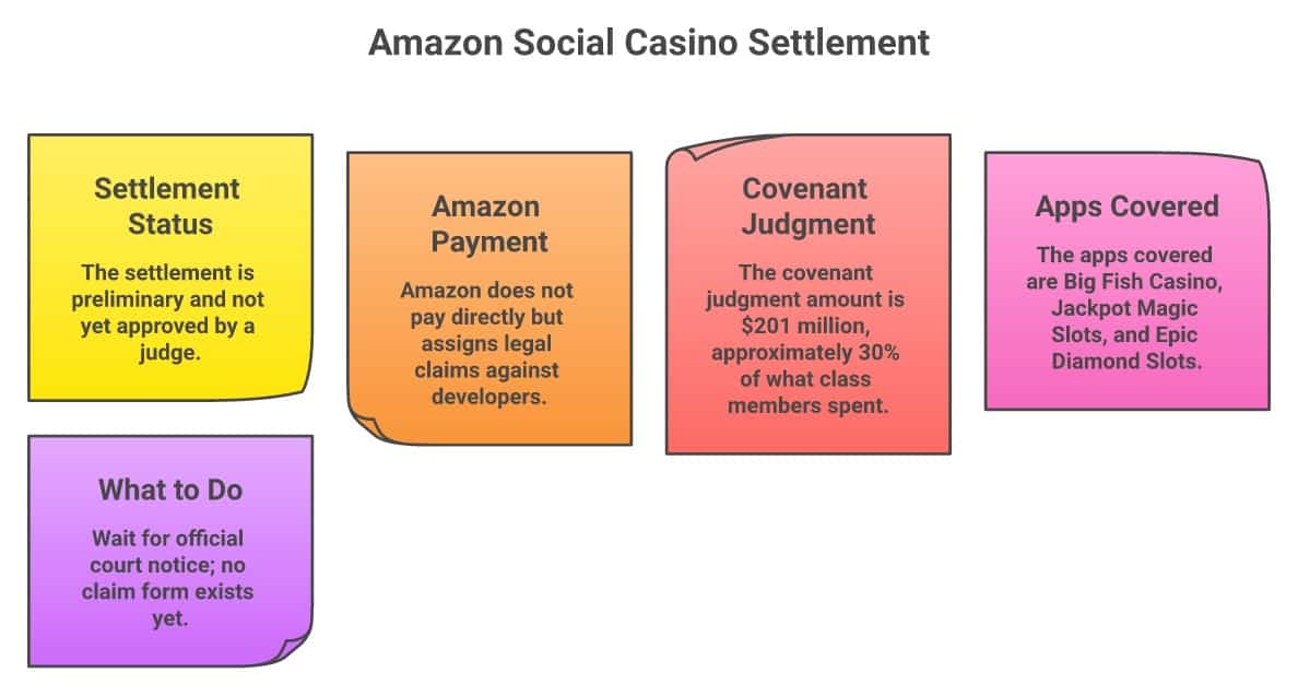 Amazon Social Casino Settlement summary: settlement status, Amazon's payment structure (covenant judgment), apps covered, and what to do