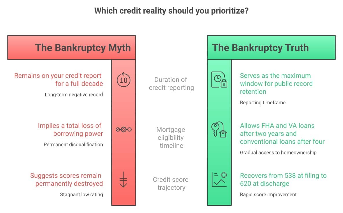 Bankruptcy credit myth vs truth - reporting window vs recovery timeline - infographic