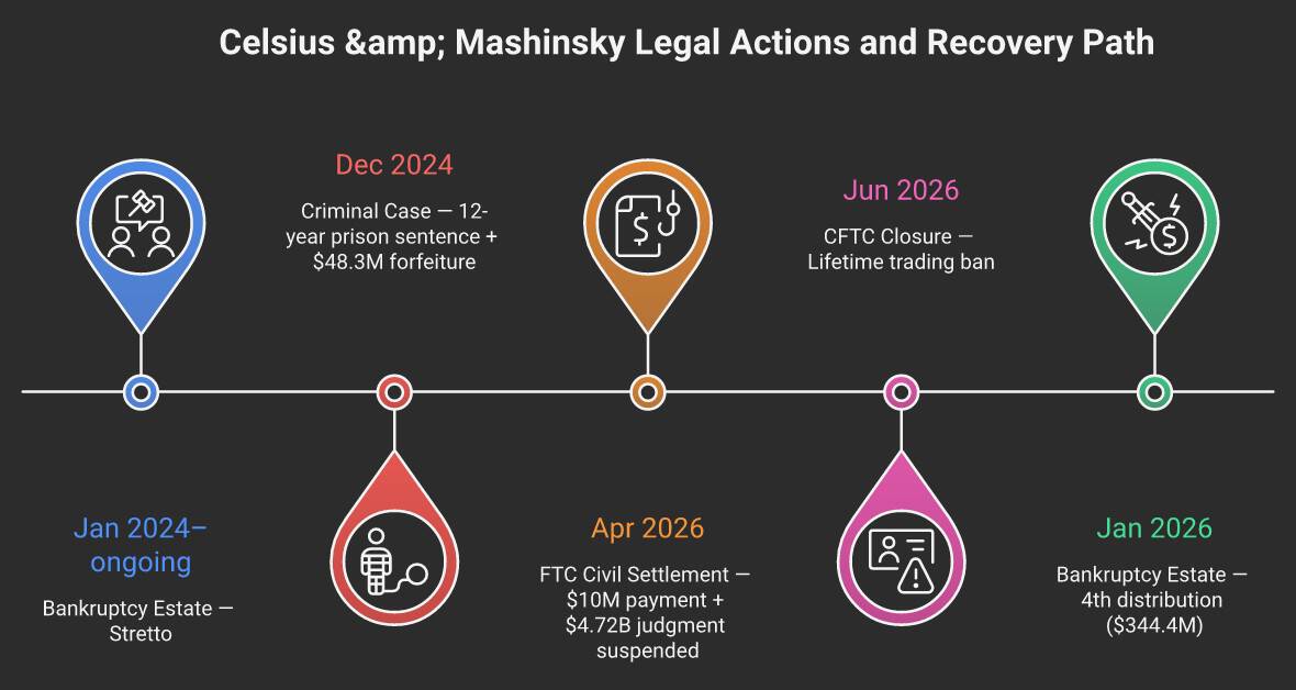 Timeline of Celsius and Mashinsky legal actions: Jan 2024 bankruptcy estate (Stretto) begins; Dec 2024 criminal case — 12-year sentence plus $48.3M forfeiture; Apr 2026 FTC civil settlement — $10M payment plus $4.72B suspended; Jun 2026 CFTC closure — lifetime ban; Jan 2026 bankruptcy 4th distribution of $344.4 million