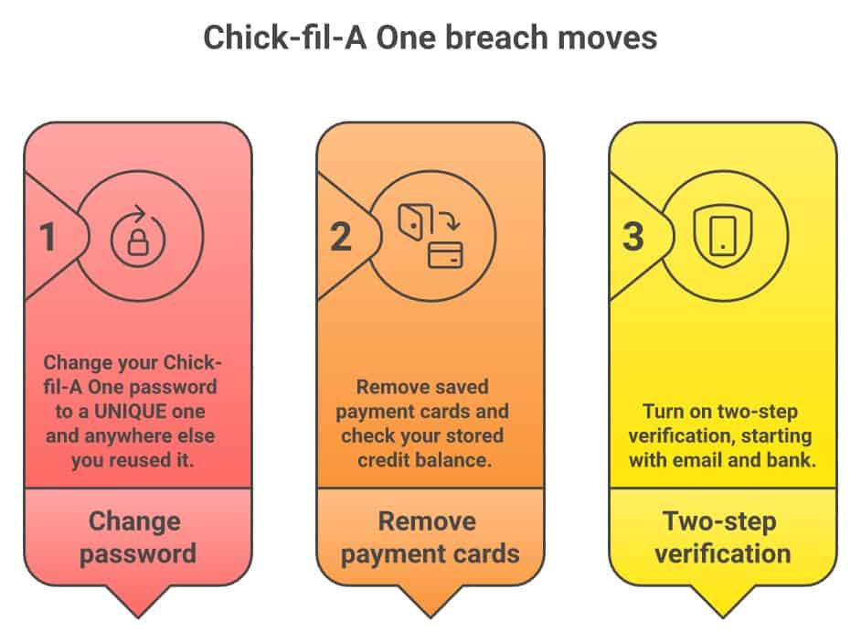 Checklist: three moves after the Chick-fil-A One breach — change your password to a unique one, remove saved payment cards, turn on two-step verification.