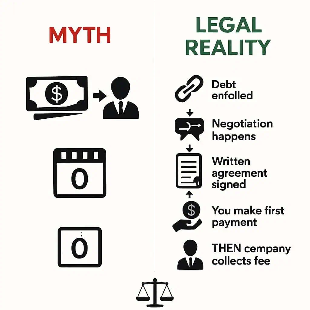 Advance Fee Ban: When a debt settlement company can vs. cannot collect fees under 16 CFR 310.4(a)(5)(i) - infographic