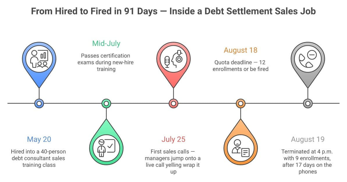 Timeline infographic: a debt settlement salesperson hired May 20 into a 40-person training class, certified mid-July, first sales calls July 25, quota deadline August 18, terminated August 19 after 17 days on the phones