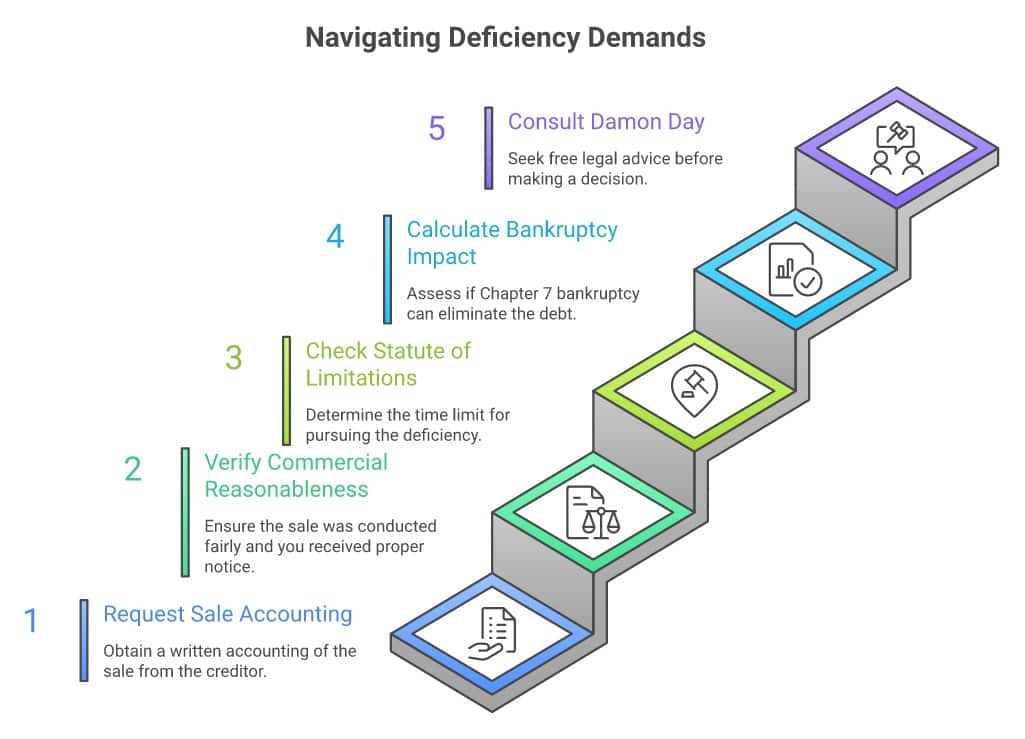 Five numbered steps after a deficiency demand: request the sale accounting, verify commercial reasonableness, check the statute of limitations, calculate bankruptcy impact, consult Damon Day - infographic
