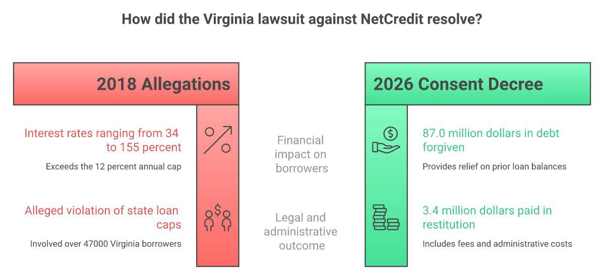 Infographic comparing the 2018 Virginia lawsuit allegations against NetCredit to the terms of the January 2026 consent decree