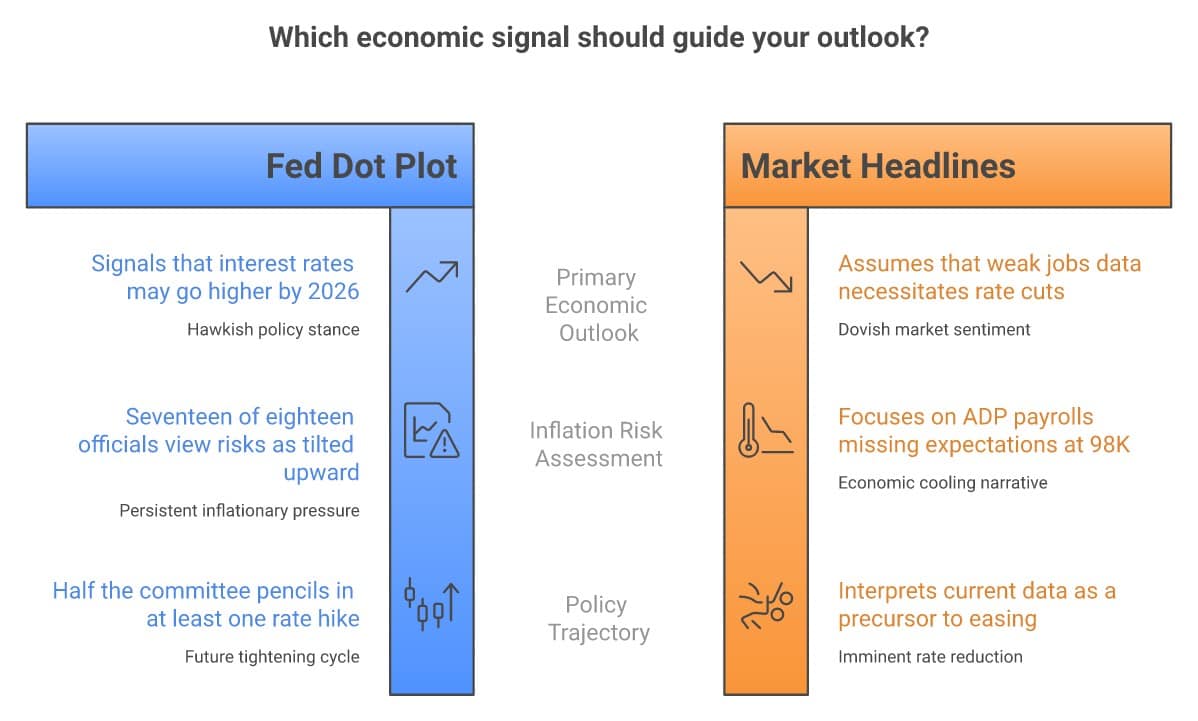 Comparison table: Fed Dot Plot signals higher rates in 2026 vs. Market Headlines assuming rate cuts — showing the gap between what the Fed projected and what most people expected