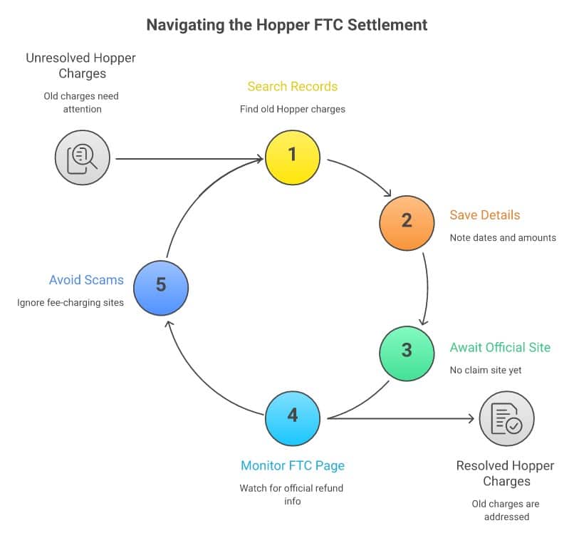 Five-step flow for the Hopper FTC settlement: search your records, save the details, wait for the official site, monitor the FTC refunds page, and avoid scam sites that charge a fee