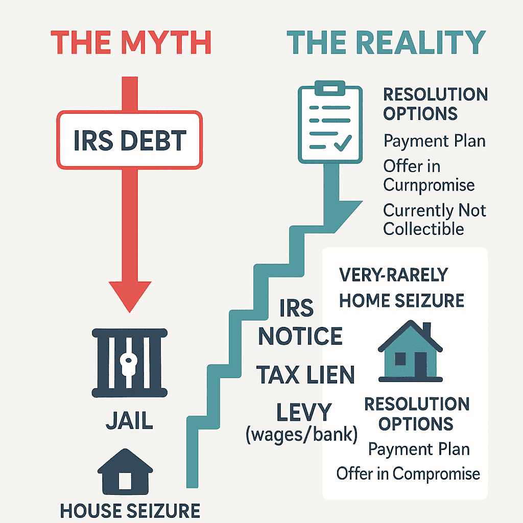 IRS escalation ladder infographic: from first notice through lien, levy, and the rare court-ordered home seizure — showing what actually happens vs. the myth, plus resolution options
