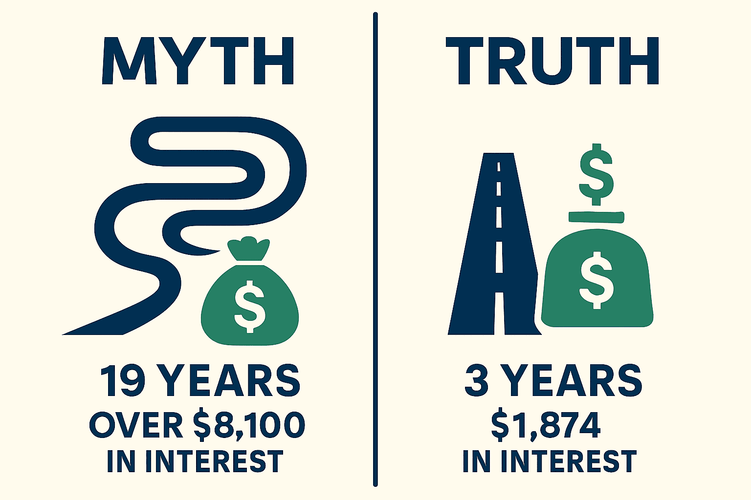 Minimum payment myth vs truth: $5,000 at 22% APR takes 19 years and $8,100 interest vs. 36 months and $1,874 interest - infographic