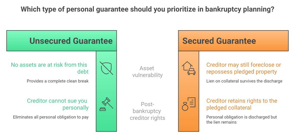 Comparison table showing unsecured personal guarantee results in complete clean break after bankruptcy discharge, while secured personal guarantee leaves lien on collateral intact — creditor may still foreclose or repossess pledged property