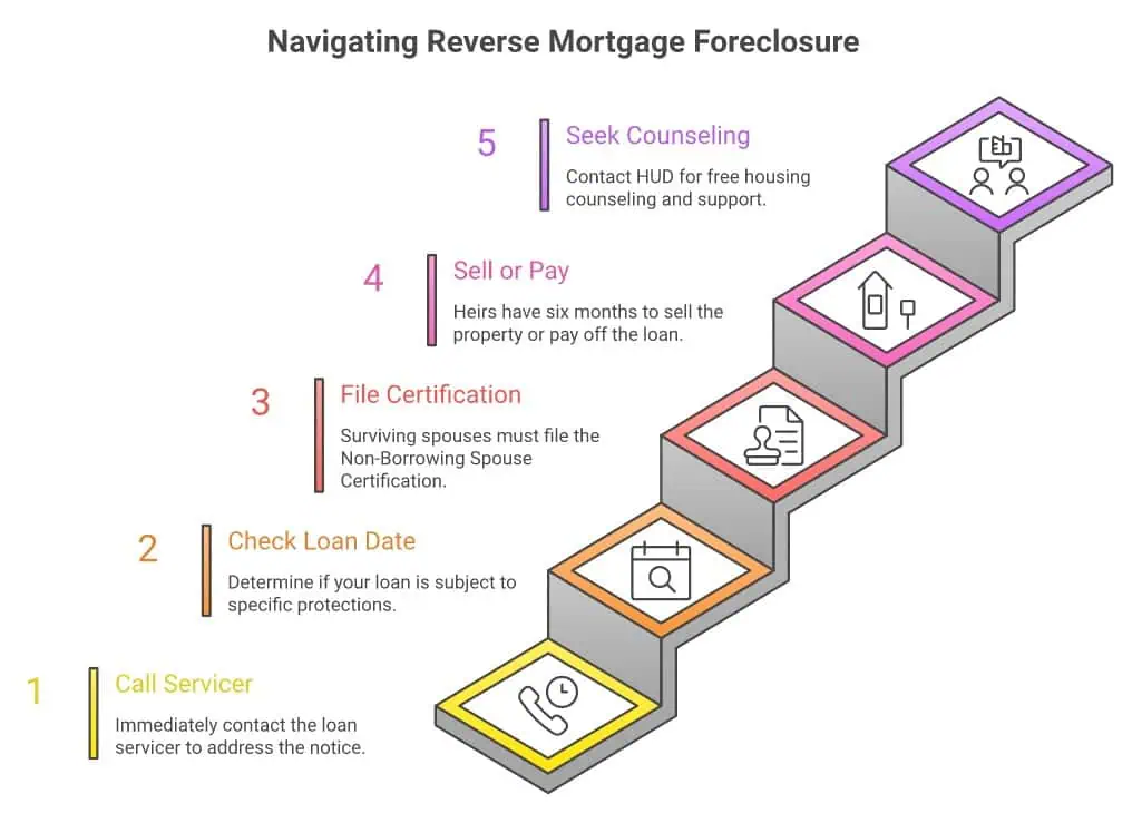 5 steps after receiving a reverse mortgage foreclosure notice — call servicer, check loan date, file spouse certification, heirs sell or pay, call HUD counseling