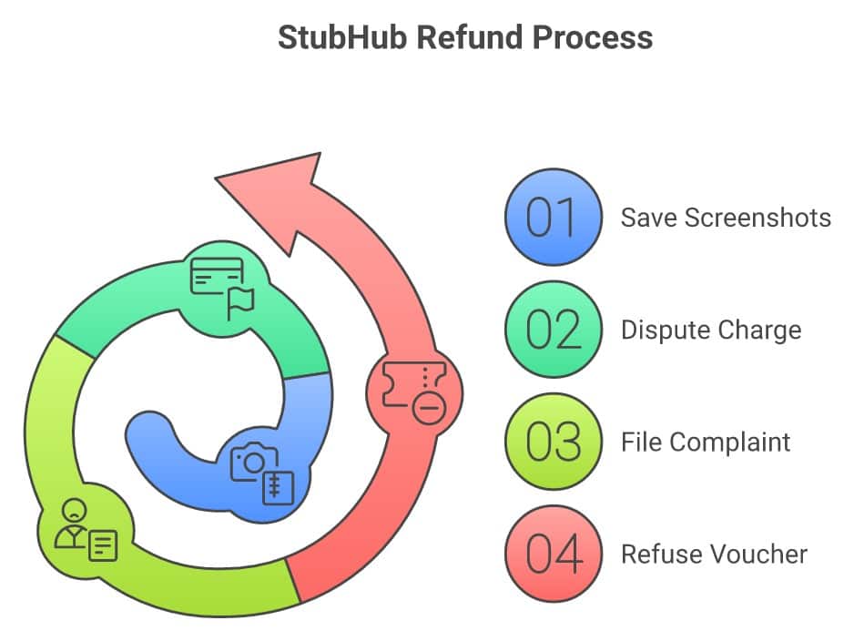 Visual guide to StubHub refund process with four steps and color coding.