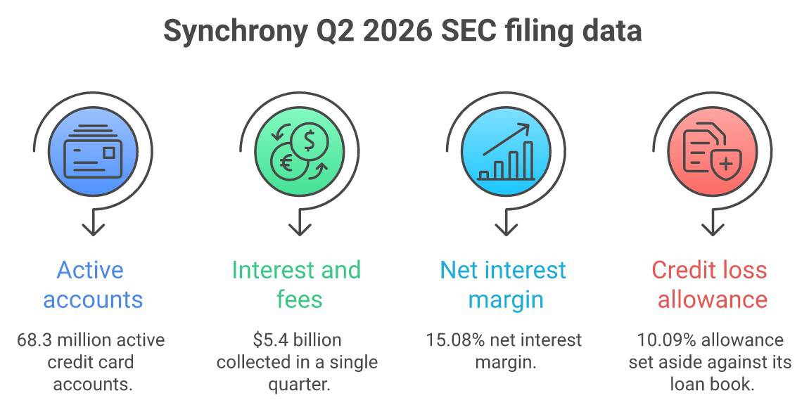 Financial data infographic showing active accounts, interest fees, net interest margin, and credit l.