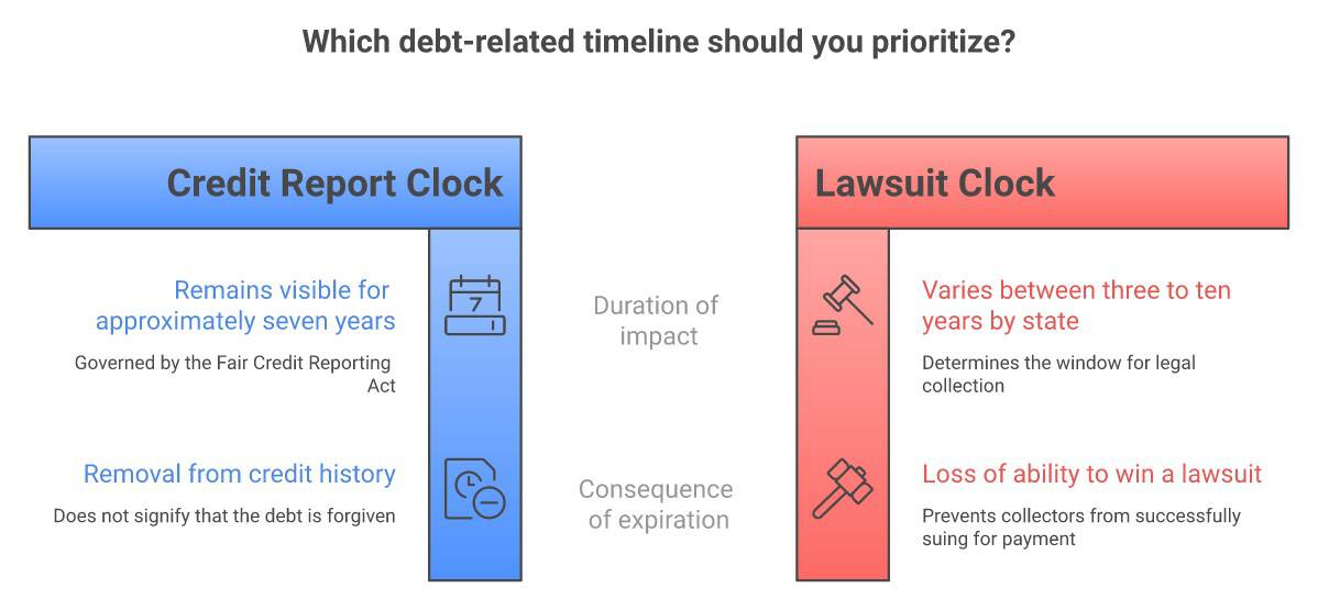 Three separate clocks on an old debt: the 7-year credit report limit, the state statute of limitations on lawsuits, and the debt obligation that never expires - infographic
