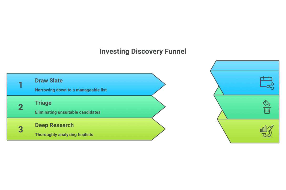 Three-stage funnel diagram of the Investing Smarter Test Day 29 discovery process: Draw Slate narrows the universe to a manageable list, Triage eliminates unsuitable candidates on liquidity and eligibility, and Deep Research thoroughly analyzes the remaining finalists.