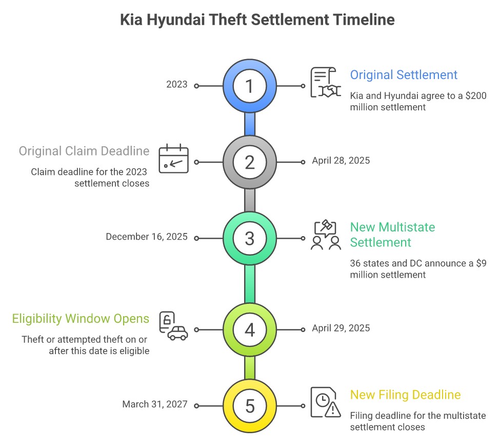 Timeline showing the 2023 Kia Hyundai theft settlement closing April 28, 2025 and the new $9 million multistate settlement open through March 31, 2027