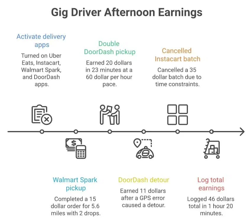 Timeline infographic of one gig driver's Friday afternoon: Walmart Spark pickup for $15, double DoorDash pickup for $20, an $11 DoorDash detour, a cancelled $35 Instacart batch, ending at $46 total logged in 1 hour 20 minutes