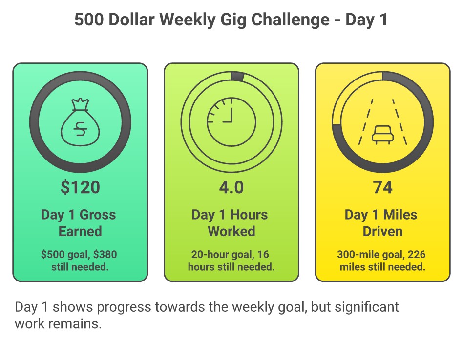 Day 1 scoreboard for Damon Day's 500 dollar weekly gig challenge: 120 dollars gross earned toward the 500 dollar goal (380 still needed), 4.0 hours worked toward a 20-hour budget (16 hours still needed), and 74 miles driven toward a 300-mile budget (226 miles still needed)