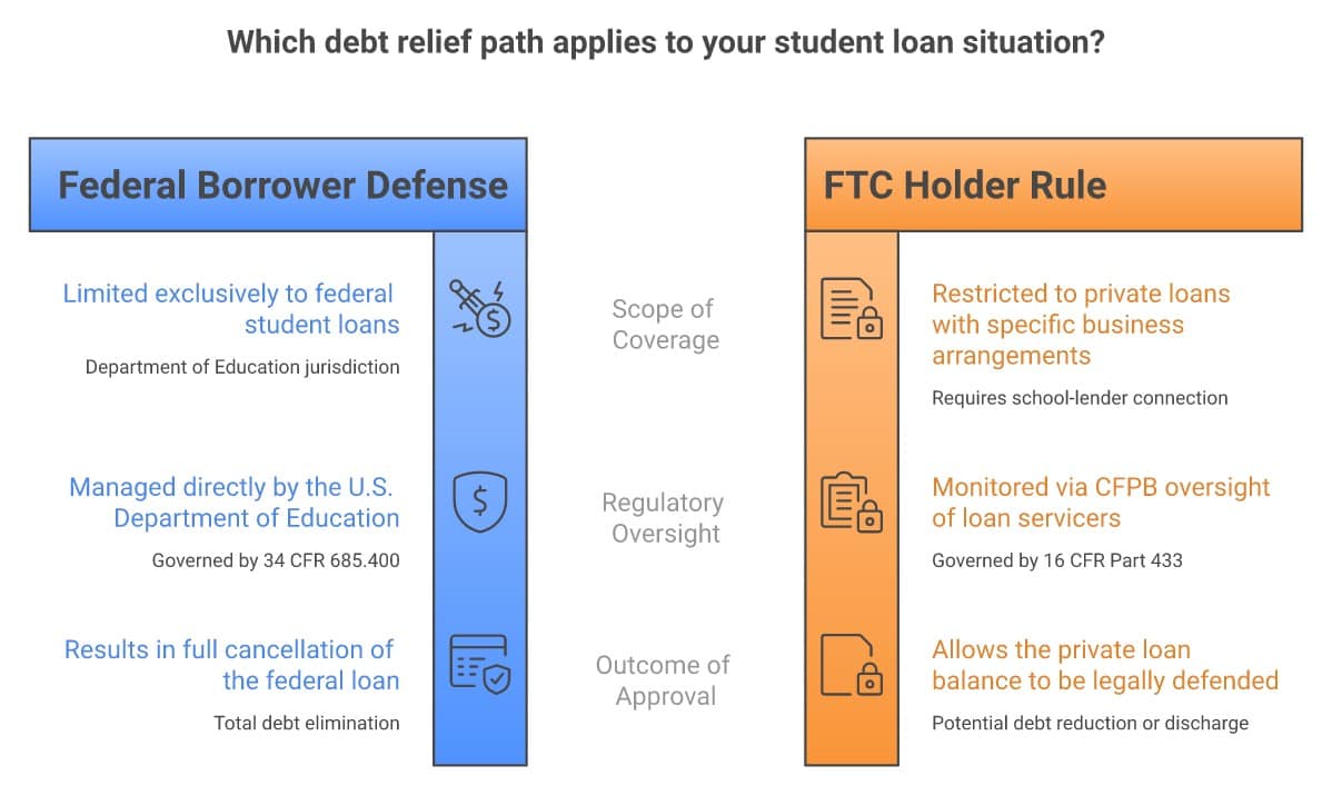 Infographic comparing federal Borrower Defense to Repayment (federal loans only, run by the Department of Education) with the FTC Holder Rule path for private student loans tied to school fraud (contract-based, depends on a school-lender business arrangement, enforced by the CFPB)