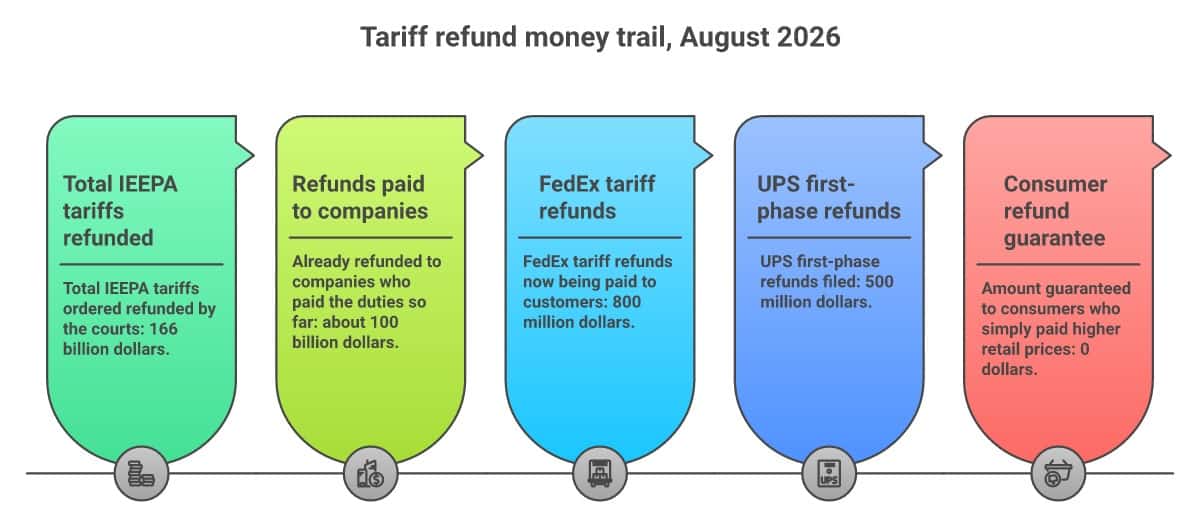 Chart showing the tariff refund money trail: $166 billion total ordered refunded, $100 billion already paid to companies, $800 million in FedEx refunds to customers, $500 million in UPS first-phase refunds, and $0 guaranteed to consumers who paid higher retail prices.